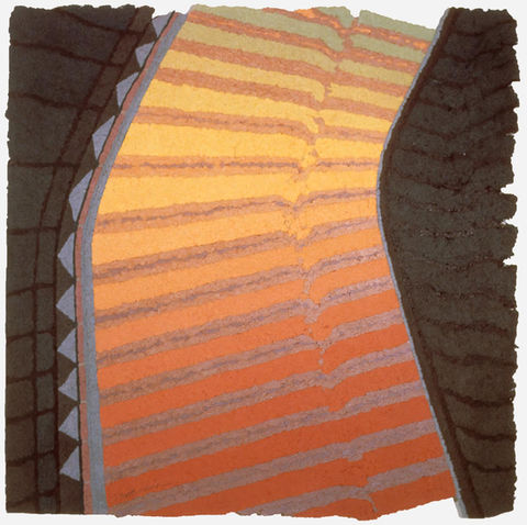 A yellow to red gradation of stripes, surrounded by black bands creates a sky ladder by artist John Babcock