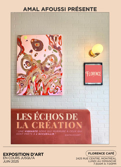 Affiche de l’exposition d’art "Echoes of Creation" par l’artiste multidisciplinaire Afoussi à Montréal.