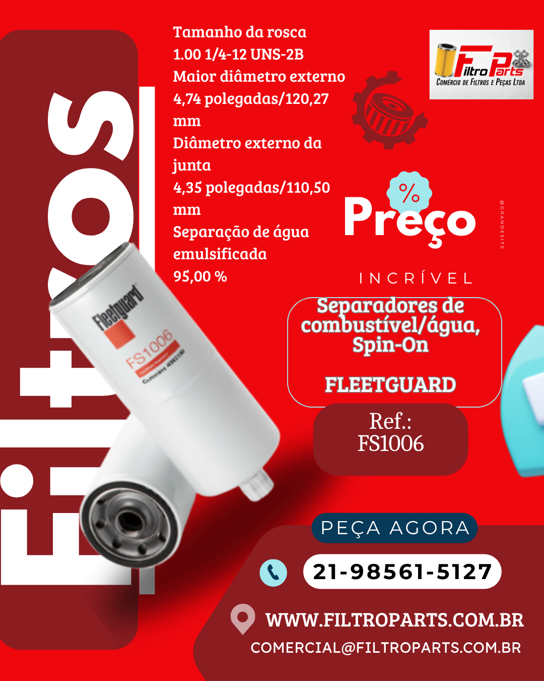 FS1006 Separadores de combustível/água, Spin-On FLEETGUARD (DISTRIBUIDOR AUTORI