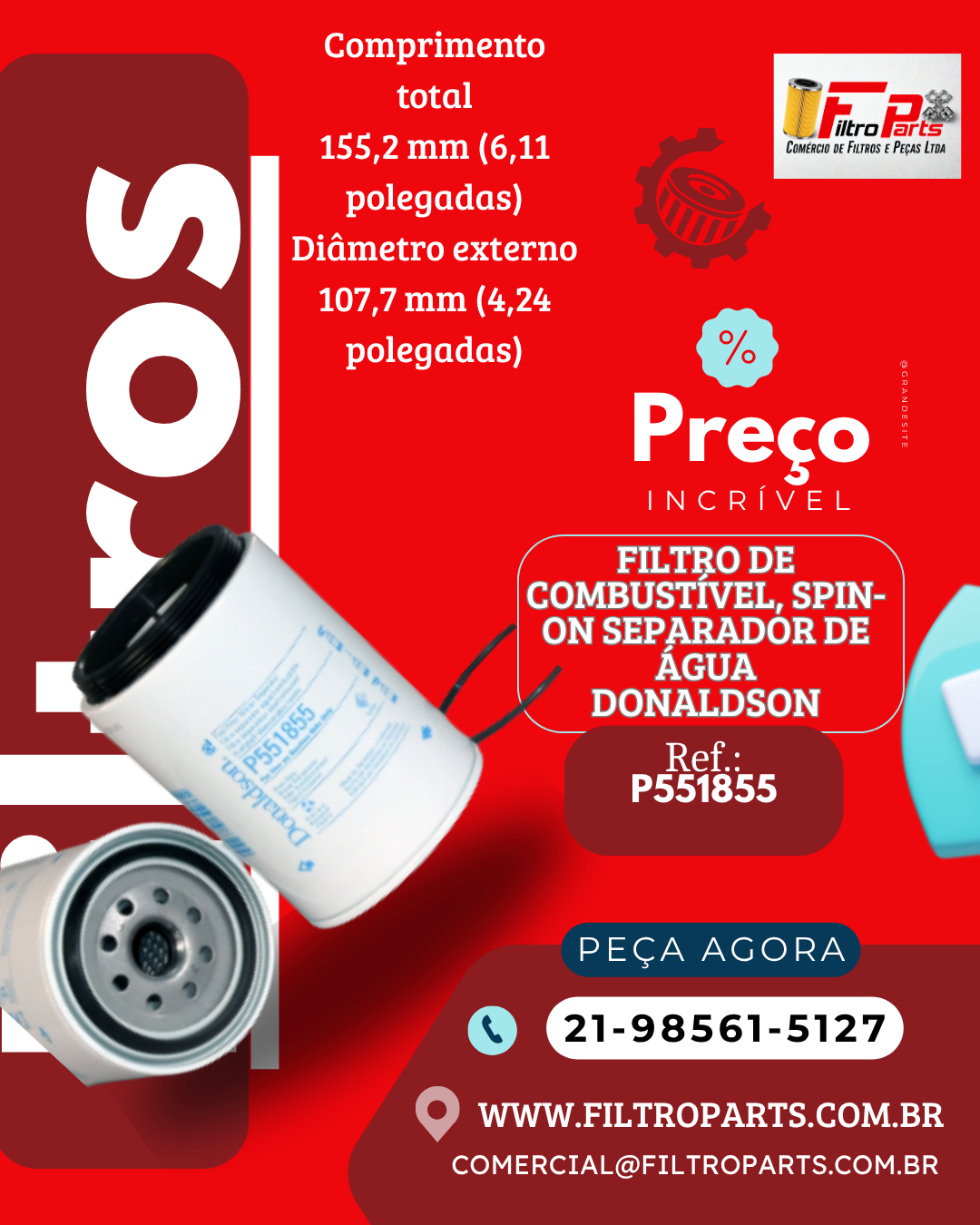 P551855 FILTRO DE COMBUSTÍVEL, SPIN-ON SEPARADOR DE ÁGUA (DISTRIBUIDOR AUTORIZAD