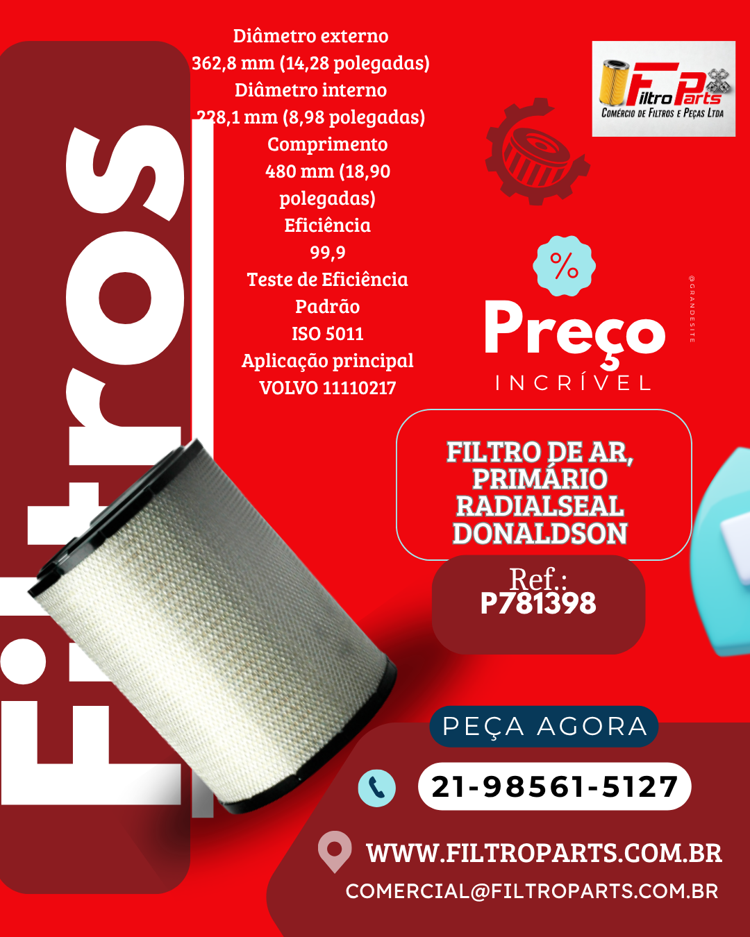 P781398 FILTRO DE AR, PRIMÁRIO RADIALSEAL DONALDSON - (DISTRIBUIDOR AUTORIZADA D