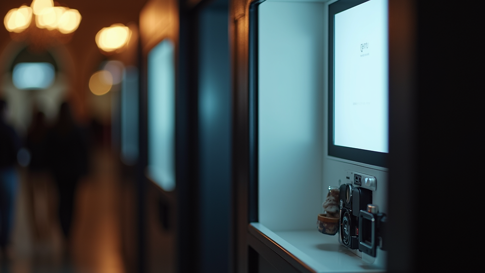 Close-up view of a photo booth camera and touchscreen interface