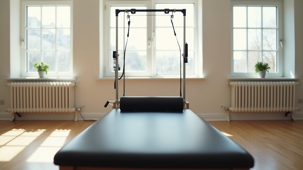 Eye-level view of reformer Pilates machine in a bright studio