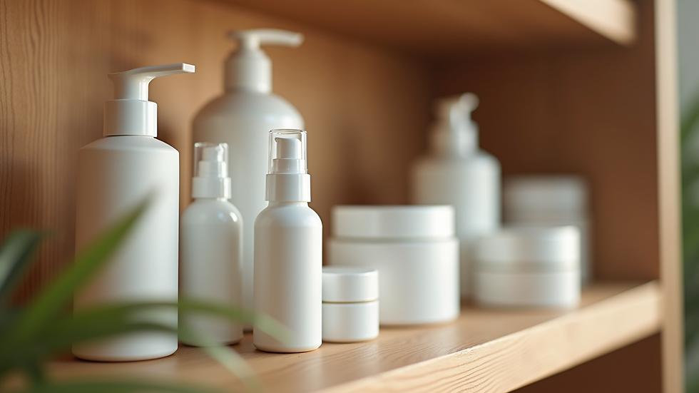 Close-up view of skincare products arranged neatly on a wooden shelf