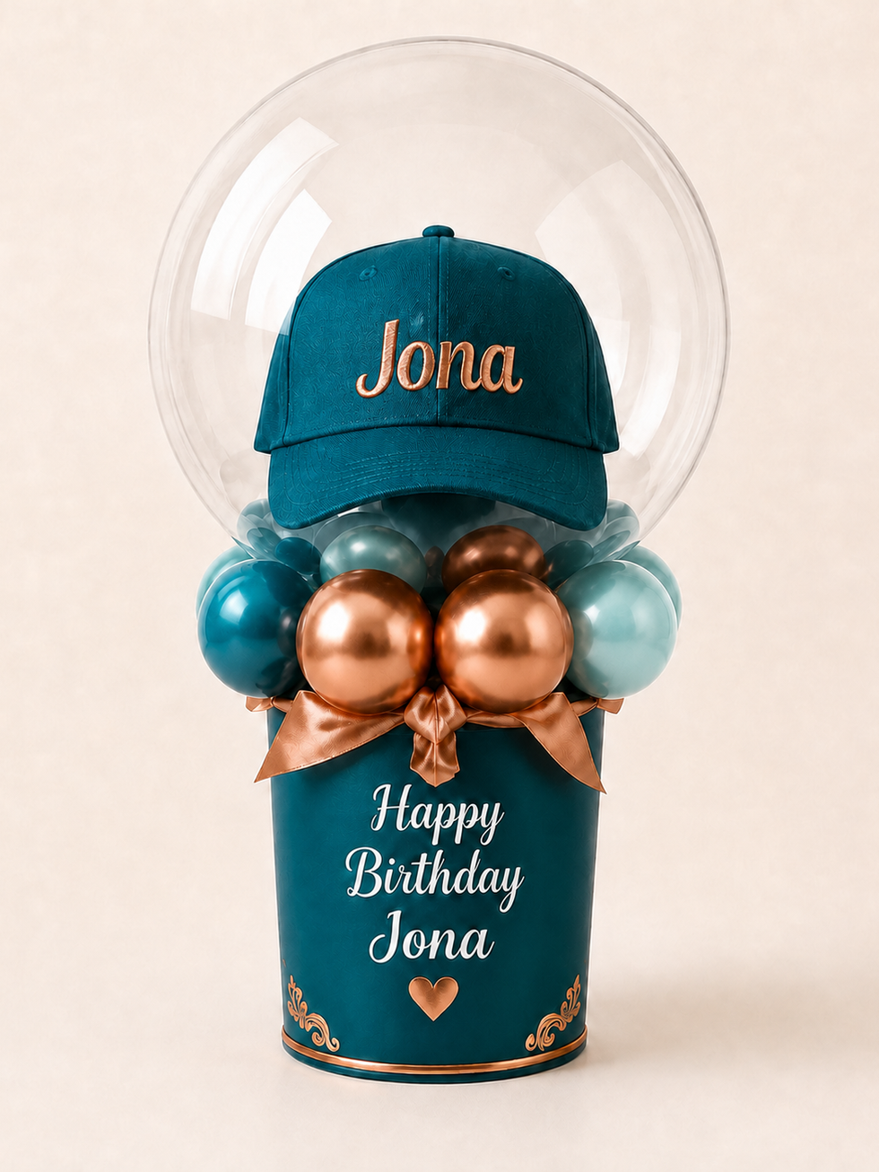 Teal and Copper Personalised Cap Gift Bubble