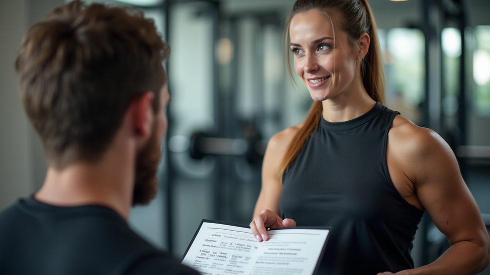 Eye-level view of a personal trainer discussing a fitness plan with a client