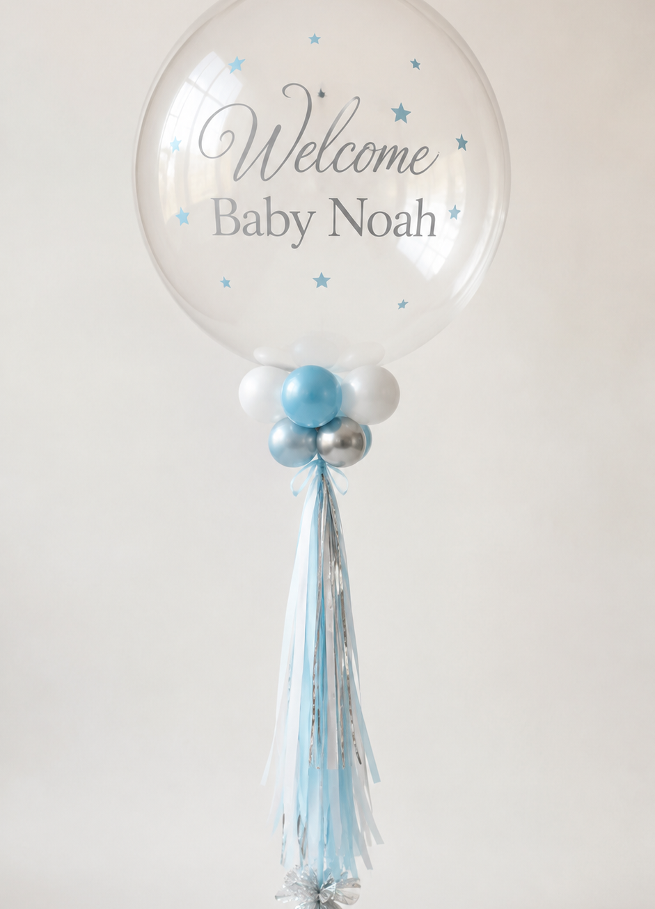 Personalised Helium Bubble Balloon – Welcome Baby Boy