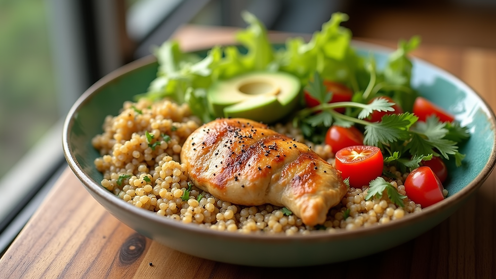 Eye-level view of a colourful balanced meal with chicken, quinoa, avocado, and salad