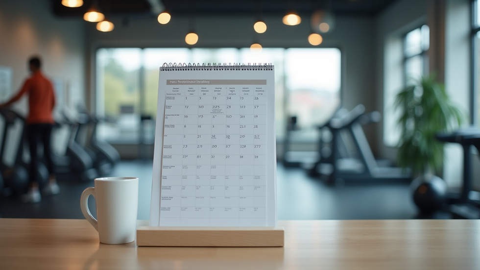Eye-level view of a gym reception desk with a fitness booking calendar