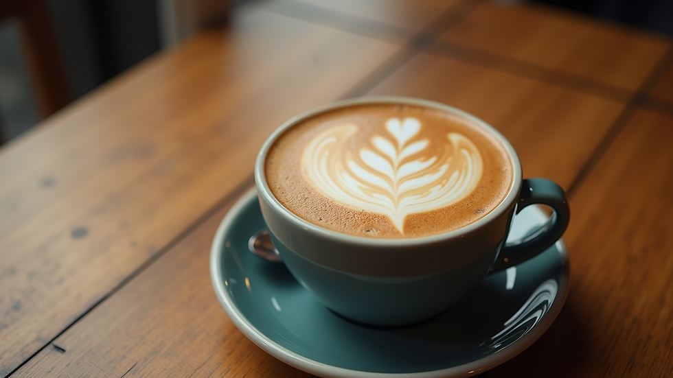 Close-up view of a latte with intricate latte art on a wooden table