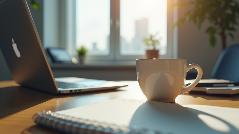 Eye-level view of a modern small business office with a laptop and coffee cup