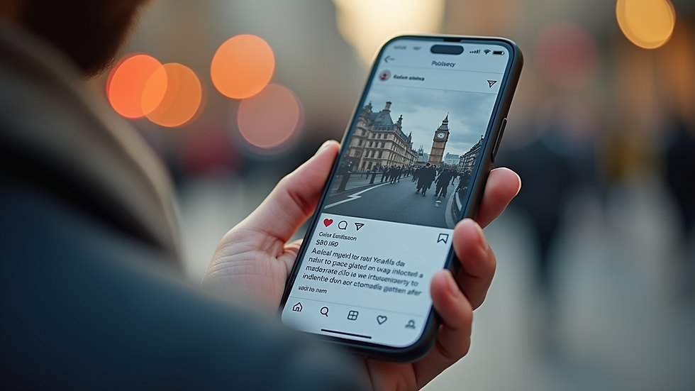 Close-up view of a smartphone showing a social media post with UK-themed content