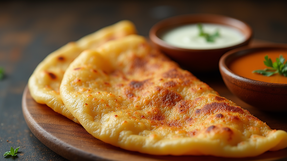 Close-up view of a crispy masala dosa served with chutneys and sambar