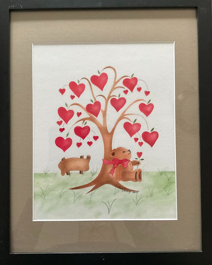 A completed Bear Family Tree design on Velour Board. Red and/or blue hearts in the place of leaves on a tree. Bear sitting under the tree.