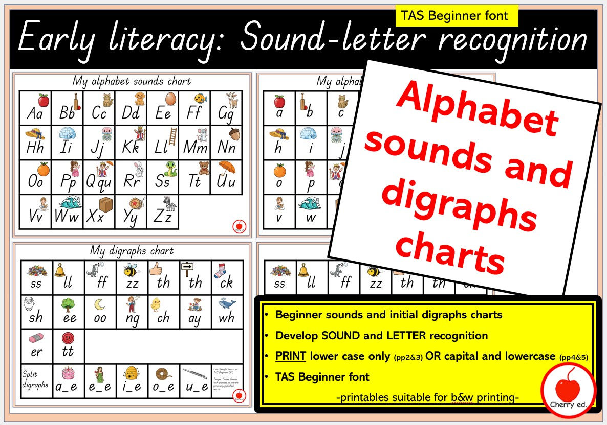 Alphabet sounds and digraphs charts TAS Beginner font