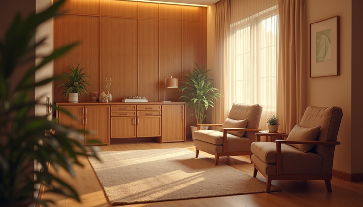 Eye-level view of a quiet therapy room with soft lighting and comfortable seating
