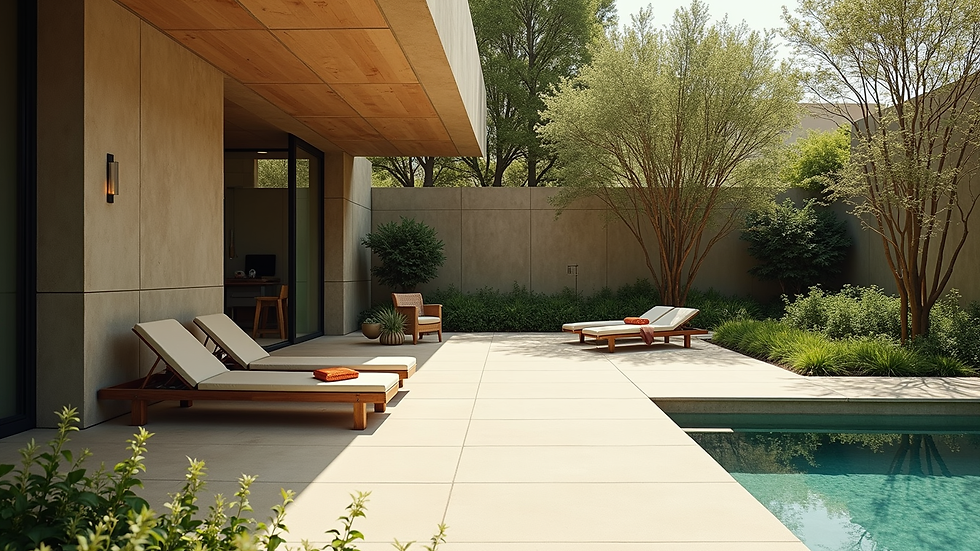Wide angle view of a peaceful outdoor garden space at a wellness center
