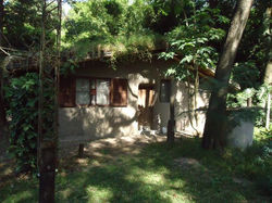 Hermosa casa de barro y techo verde