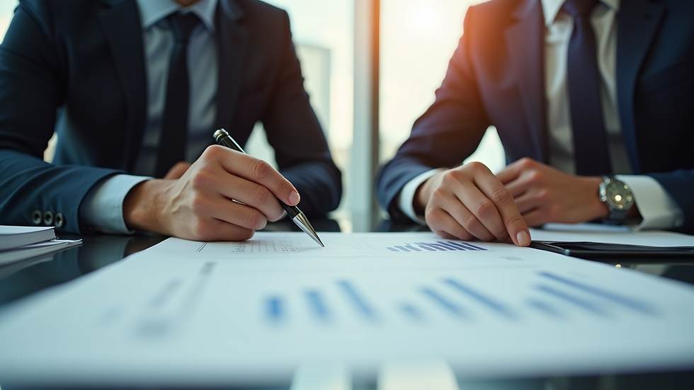 Eye-level view of a business consultant reviewing documents with a client