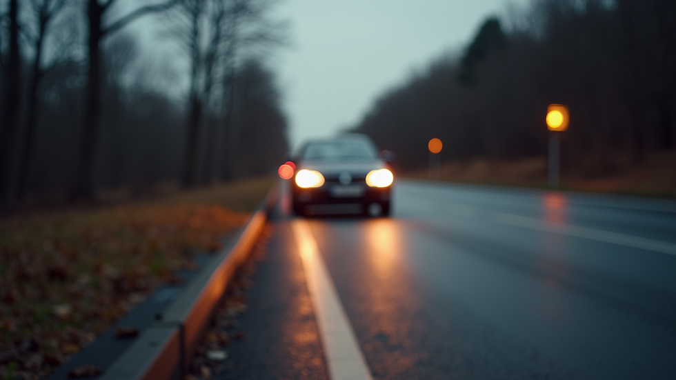 High angle view of a car stopped on the roadside with hazard lights on