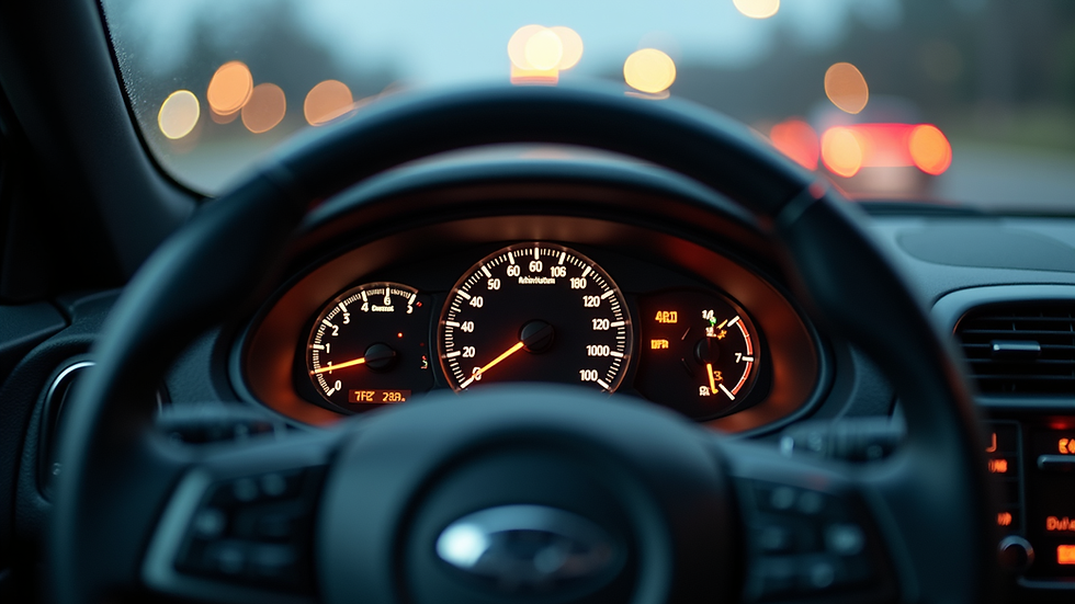 Eye-level view of a car dashboard showing speedometer and steering wheel