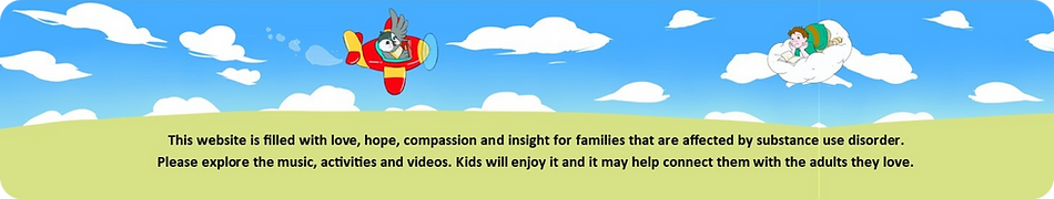 Cartoon plane and cloud figures fly above green field; website graphic