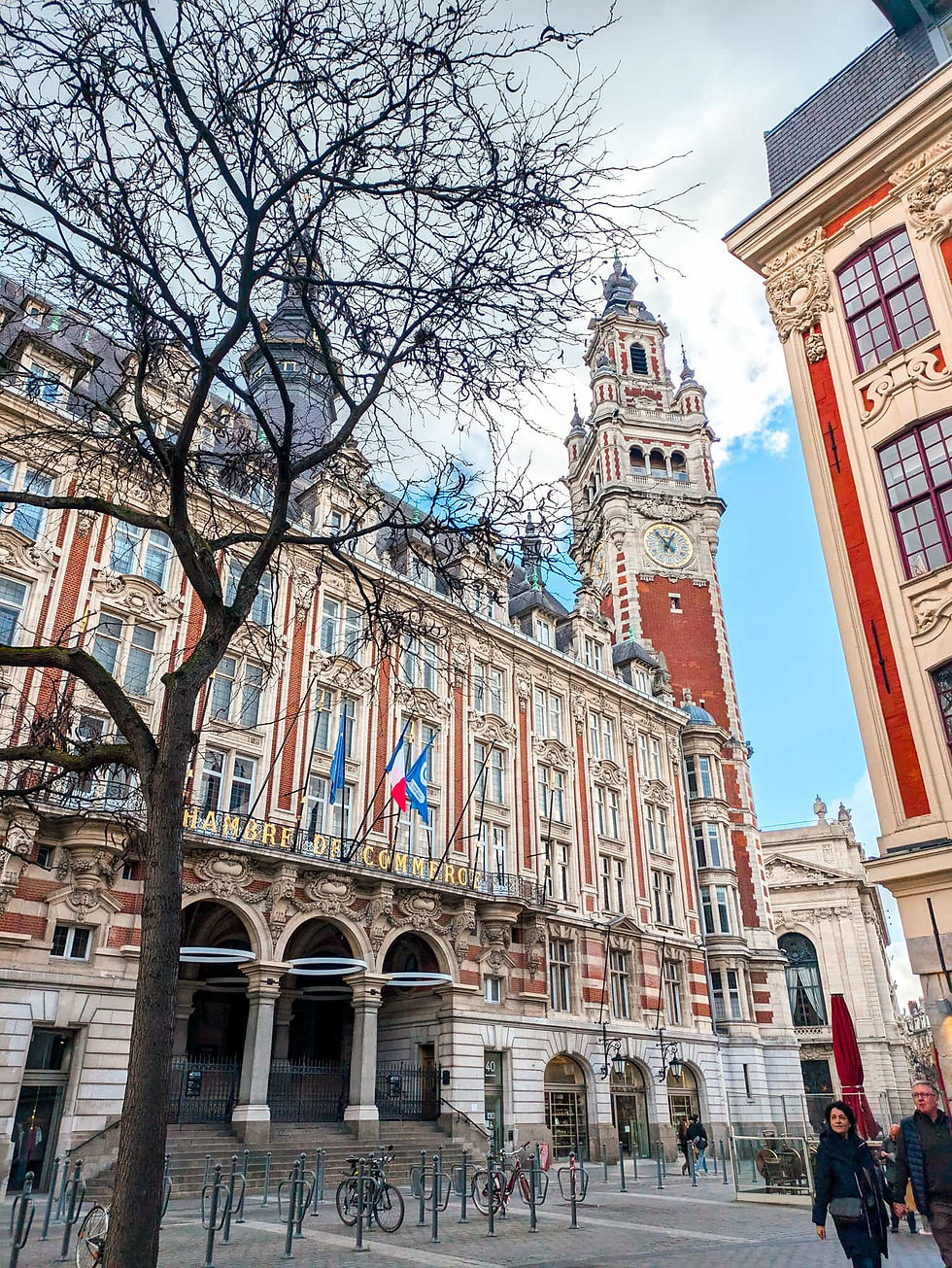Lille and Bruges from Paris Ornate historic building with clock tower, leafless tree, and French flags; Chambre de Commerce above arched entrance.