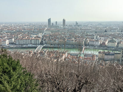 Cityscape view of Lyon, France, with tall buildings in the distance, a bridge over the green Rhône River, and bare branches in the foreground. What to do in Lyon, France