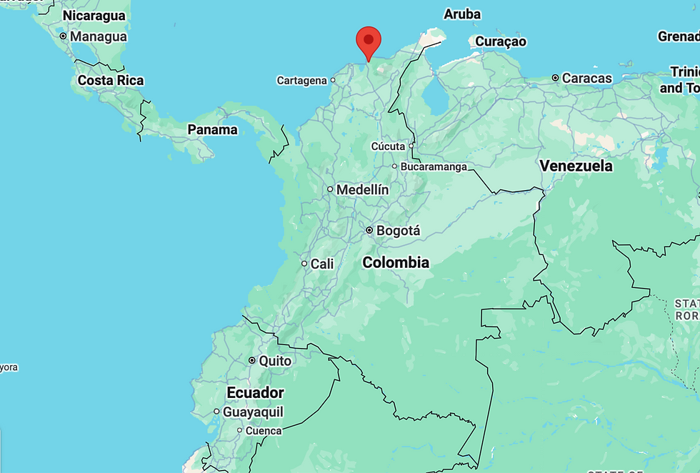 Map of Colombia and nearby countries with a red location pin on Colombia’s north coast near Cartagena. Minca Sierra Nevada Santa Marta Colombia