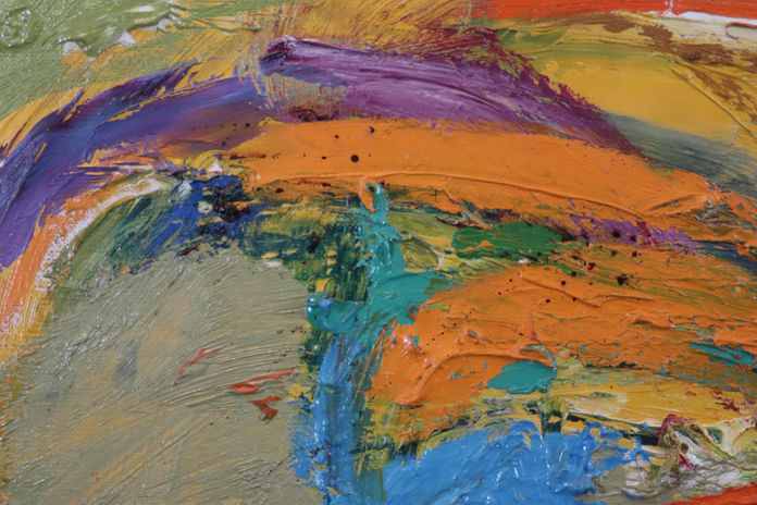 Detaljefoto før rensningen af et Asger Jorn-maleri ved Malerikonservering Bernsted ApS.