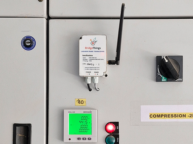 Energy meter connected to BridgeThings telemetry system monitoring electricity consumption with real-time data transmitted to a centralized cloud dashboard.
