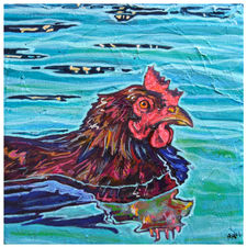 A painting of a chicken swimming in the ocean in acrylic by Nic McLean Art