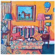 A painting of an interior with a fox and hound sleeping peacefully on the sofa together in acrylic on canvas by Nic McLean Art
