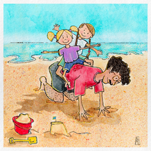 Illustration of two sisters playing horseback rides with their dad on a beach.