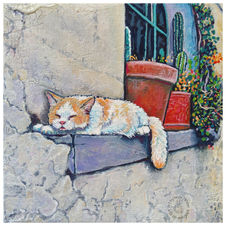 Cat sleeping on a windowsill in acrylic paint by Nic McLean Art