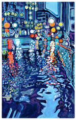 Gouache study of bokeh lights and water reflections in a city.
