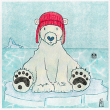 A polar bear sits on an iceberg, wearing a red knitted hat. A seal looks out of the water behind him.