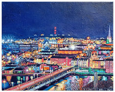 This is an acrylic painting depicting the Craigavon Bridge in Derry Northern Ireland going across to the cityside at night with twinkling lights from the city.