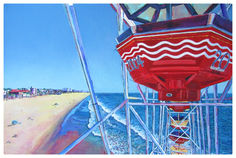 Acrylic painting of the Ferris wheel on Santa Monica Pier with the view of the beach below.