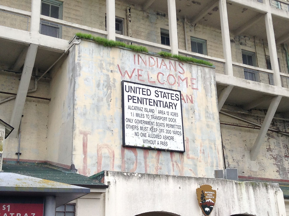The “Indians Welcome” graffiti above the Penitentiary sign makes reference to the protest and occupation of the island by Native Americans decades ago.