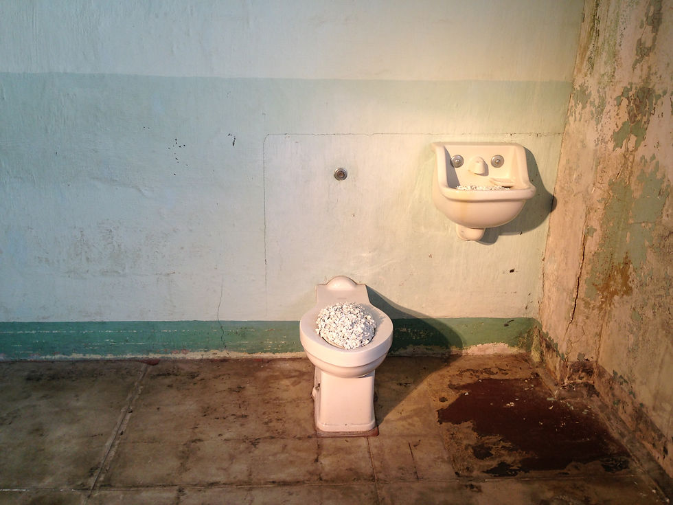 A docent pointed out that, among other things, this piece references Marcel Duchamp’s art done almost a century ago. When you look at the toilet bouquet closely, it’s made of delicate, perfect, porcelain jasmine blossoms (see below).