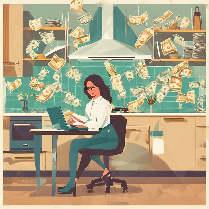 woman chartered accountant in the kitchen  with laptop and money.jpg