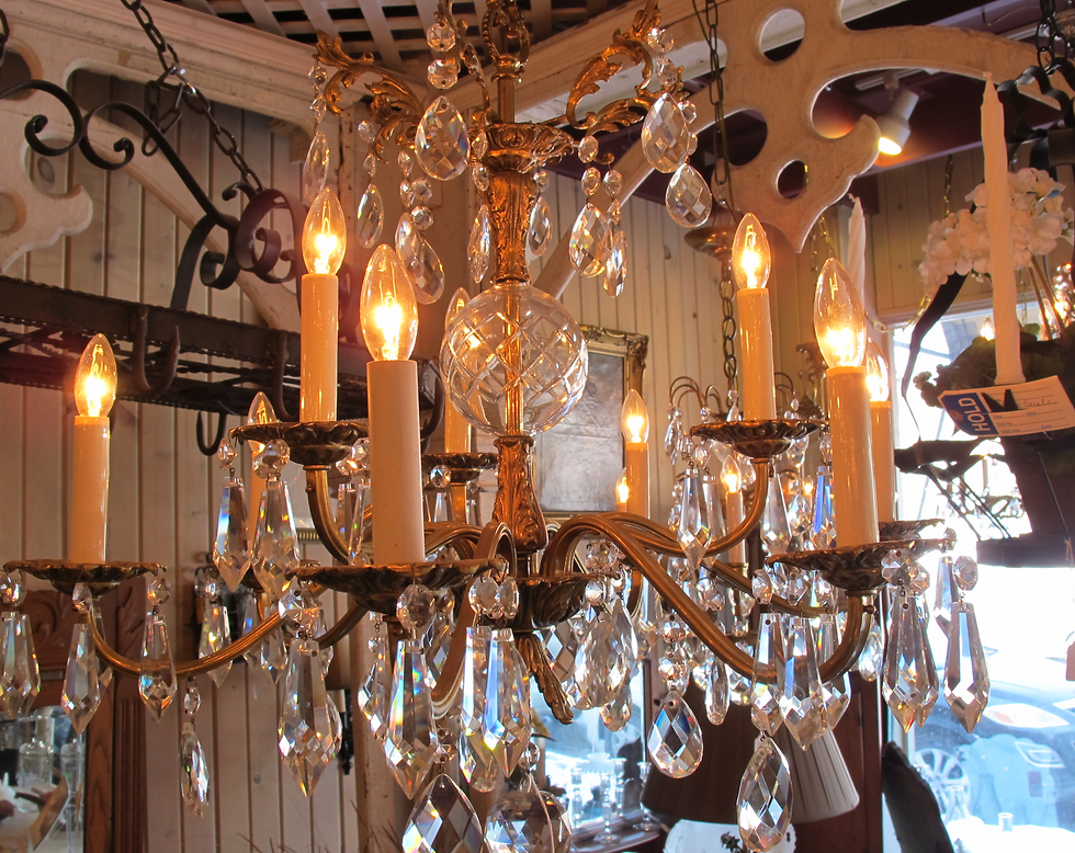 1920's brass and crystal chandelier