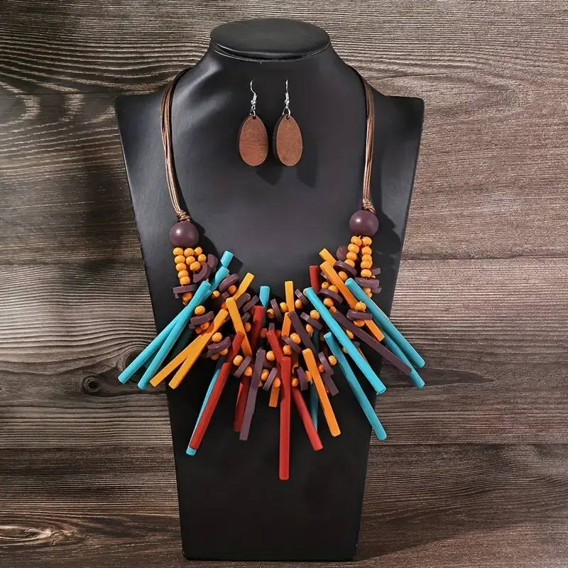 1 Pair Of Earrings + 1 Necklace Tribal Jewelry Set Made Of Colorful Wooden Beads