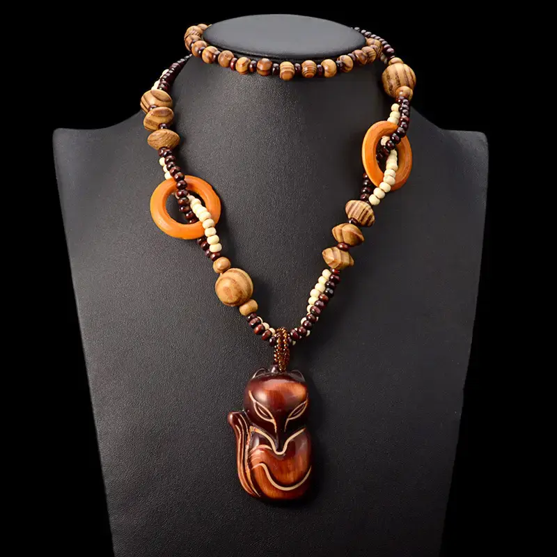 Retro Ethnic Style Handmade Woven Necklace Women's Wooden Long Sweater Chain Ani