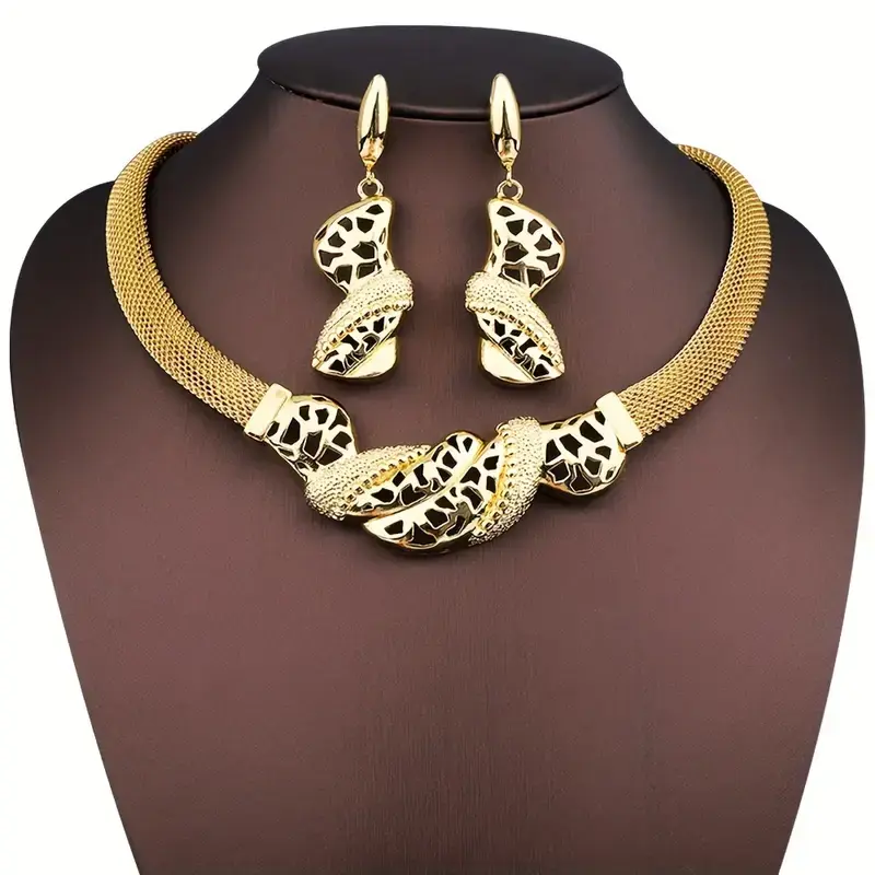 22K Gold Plated Hollow Twisted Geometry Flat Chain Necklace & Earring Jewelry Se
