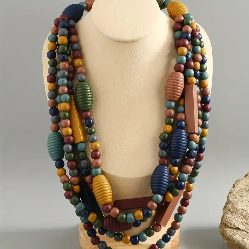 Multilayer Wooden Beads Necklace Handmade Retro Folk Music Festival Ornament Jew