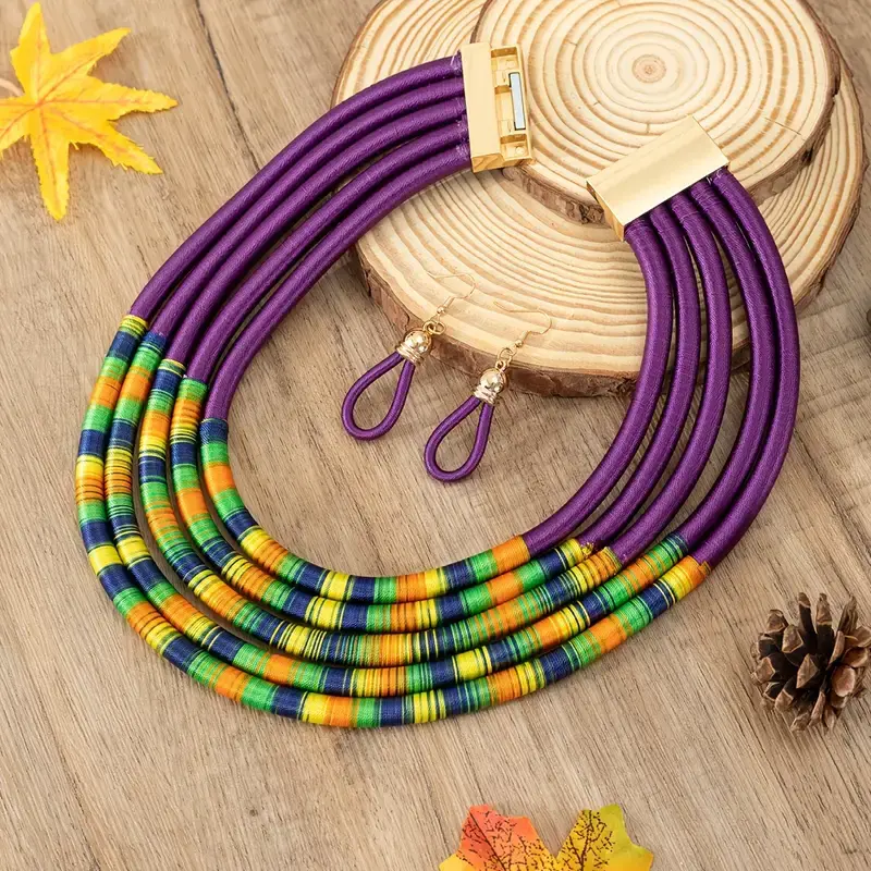 3pcs Earrings Plus Necklace Boho Style Jewelry Set Multi Layers Design Purple /