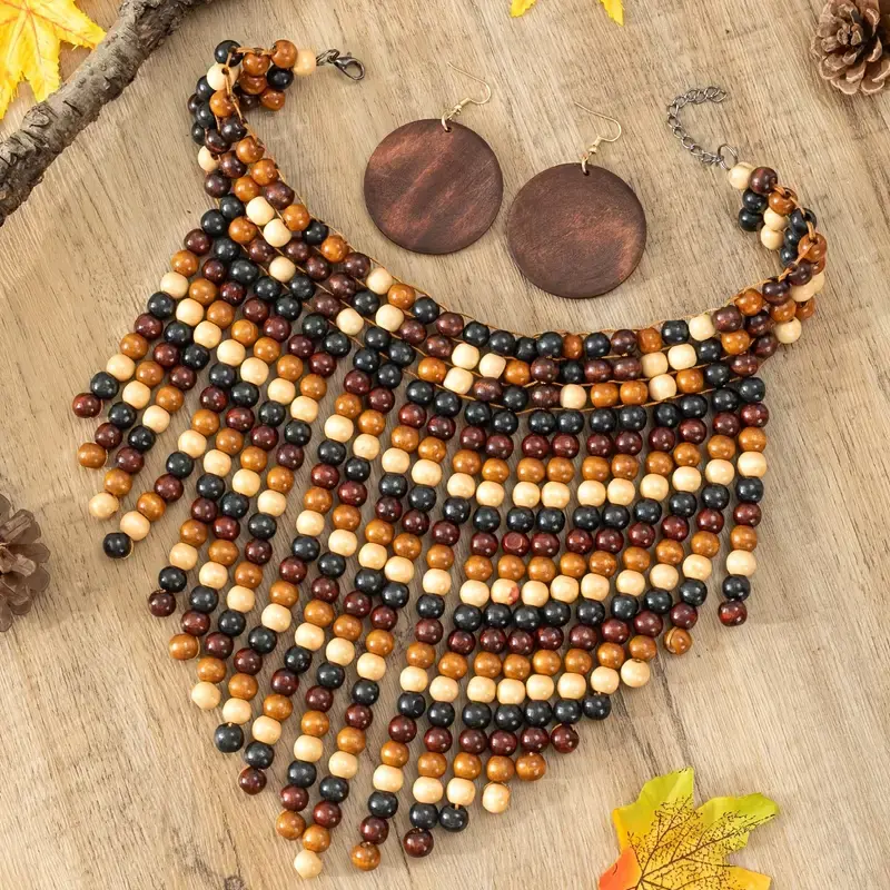 3pcs Earrings Plus Necklace Boho Style Jewelry Set Exaggerated Wooden Accessorie