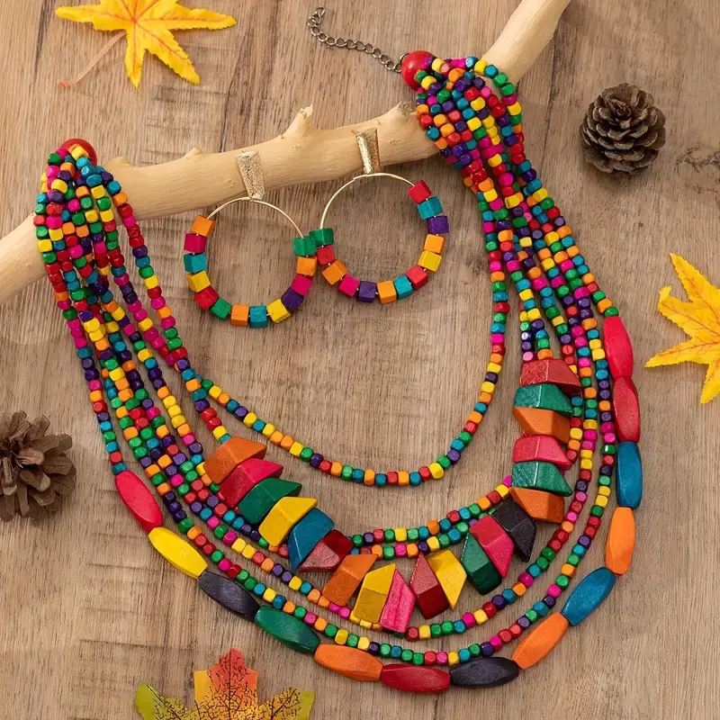 3pcs Earrings Plus Necklace Boho Style Jewelry Set Made Of Wood Multi Layer Desi